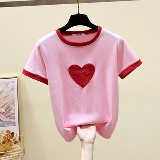 Camiseta de manga corta para niñas 2021 versátil love bordado estudiante camiseta simple algodón top 12.my9.19