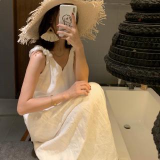 En marzo | Super hermoso mar estilo vacaciones blanco algodón y lino Jacquard cuello en V liguero vestido de hadas verano