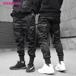 [Shengbinin] Ribbons Harem Joggers Men Cargo Pants Streetwear Hip Hop Pockets Track Pant