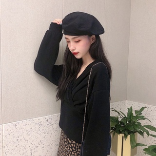 IELGY solid color long-sleeved retro V-neck blouse women ins season Korean design sense loose hedging thin sweater (4)