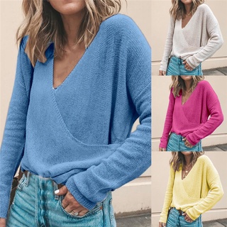 Autumn and Winter Women's Fashion Casual Long Sleeved Pullover Sweater New Solid Color V-neck Loose Shirt