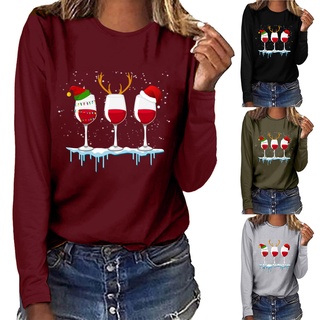 ✨ FuhuangYa 🌫️ Women Christmas Casual Long Sleeve O-neck wine Sweatshirt Pullover Blouse