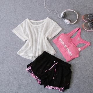 ✨ FuhuangYa 🌫️ Woman Yoga Suit Fitness Running Short Tops Short Pants Ladies Three-piece Set