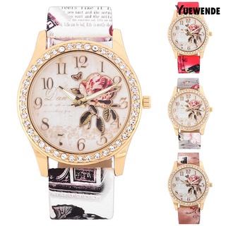 Yw reloj de pulsera de cuarzo con pedrería Casual con patrón de rosa para mujer