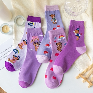 Calcetines De algodón púrpura oso oso De dibujos Animados/calcetines adorables para mujer/respirables E absorbentes De sudor