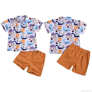 2 unids/Set niños niños trajes conjunto dinosaurio impreso camisa manga camisetas + pantalones cortos Setwear (4)