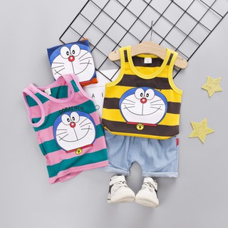 Perfecto verano bebé niños sin mangas rayas de dibujos animados impresión chaleco Tops+pantalones cortos