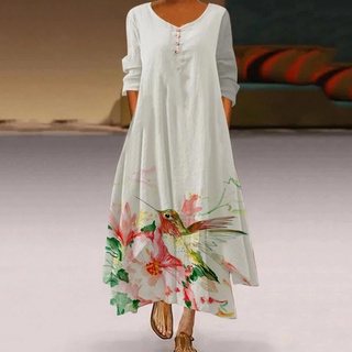vestido de impresión floral casual vintage suelto señora vestido largo para playa (3)