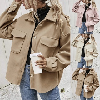 bigg_mujer chaqueta de color sólido solo botonadura otoño invierno turn-down cuello bolsillos abrigo de lana para oficina
