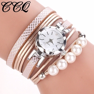 reloj de pulsera de pulsera de cuarzo analógico de cuero analógico de lujo con correa de perlas de moda para mujeres