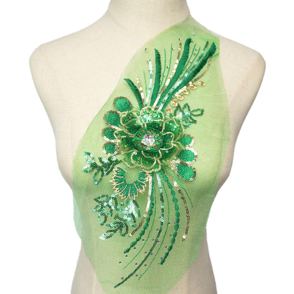 verde bordado lentejuelas flor tela de encaje apliques cuello de costura parche vestido de novia diy artesanía