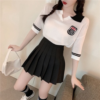 IELGY college style loose embroidered short-sleeved T-shirt summer high school students polo shirt short top (2)