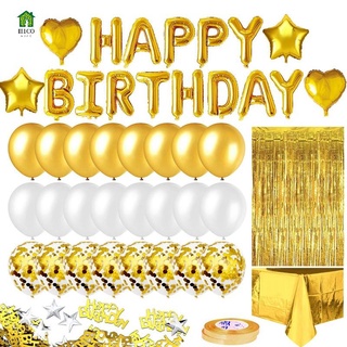 oro feliz cumpleaños guirnalda 24 globos mantel cortina confeti
