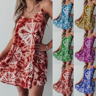 Mujer verano suelto Tie-dye impresión grande Swing playa ocio Sling vestido