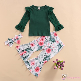 Babygarden-Baby Girls conjunto de ropa, Color sólido manga larga de malla O-cuello camiseta+pantalones acampanados con estampado Floral+diadema
