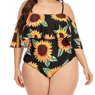 KALEN Women Plus Size One-Piece Swimsuit Sexy Off Shoulder Tummy Control Monokini Sunflower Print Flounce Ruffled Bathing Suit (4)