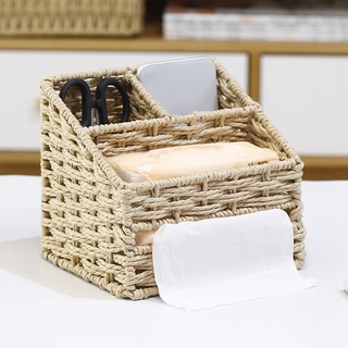 práctico multifuncacional hogar escritorio artículos cajas de almacenamiento paja tejida cesta de pañuelos