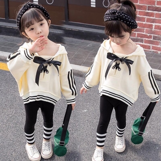 Anak perempuan pakaian 2PCS niña conjunto bowknot niñas suelta con capucha de manga larga suéter traje casual Leggings traje de dos piezas