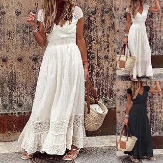 yuerwuy Women Dress Solid Color All-match Lace Stitching Ladies Sleeveless Casual Dress for Dating