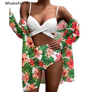 (whalesfallhb) Push-Up Estampado Floral Bikini Traje De Baño Mujeres 3PCS Cintura Alta Conjunto Trajes En Venta (2)
