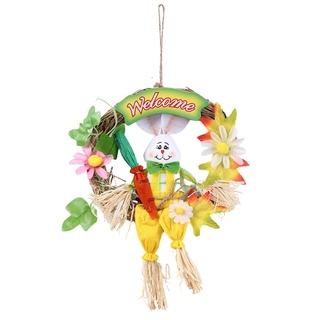 ☽Ey❥Corona de pascua, linda muñeca de conejo flor huevo/carrota corona de vacaciones signo de bienvenida para decoración de puerta delantera