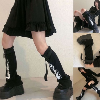 TAO Mujeres Goth Punk Negro Pierna Calentador Calcetines Harajuku Hip Hop Llama Impresión Lolita Cosplay Pie Cubre Mangas Con Hebilla Cinturón (8)