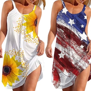 R-R mujeres sin mangas Halter fluida vestido largo tanque Vintage girasol bandera americana impreso dobladillo acampanado suelto playa vestido de sol (1)