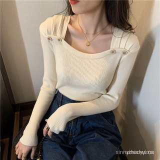 🙌 Nuevo tejido de cuello cuadrado ajustado de Color sólido de otoño e invierno de estilo coreano para mujer que adelgaza la camisa interior del suéter 7xWG (5)