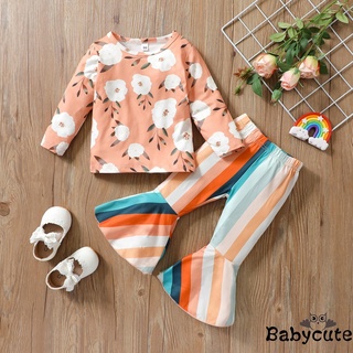 B-B2Pcs bebé niñas otoño trajes, Floral manga larga camiseta + arco iris rayas campana-fondo pantalones, 1-5 años