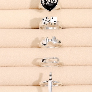 Vintage Punk Fire Love Sword Dice Rings Set Fashion Personality Paper Clip Rings for Women Men Trend Jewelry Accessories (3)