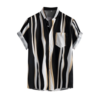 [EXQUIS] camisa Casual con estampado de rayas con botón de manga corta cuello Turn-Down para hombre (3)