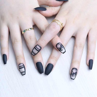 Only 24 piezas en forma de ataúd manicura parche de arte negro puntas de uñas mate uñas postizas artificiales mujeres extraíbles moda manicura herramienta (8)