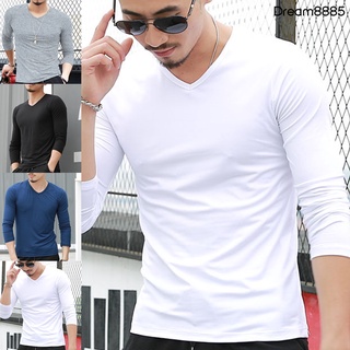 [drem t.sh] manga larga slim fit hombres camiseta resistente al retráctil color sólido cuello v fondo camisa jersey top