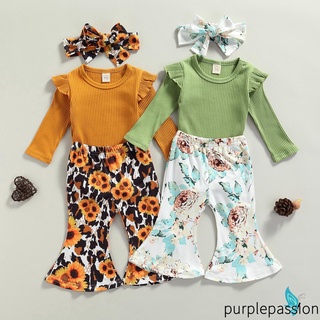 Purp-baby niña Tops y pantalones traje fresco Color sólido mameluco de manga larga y flor trompeta pantalones con diadema (1)