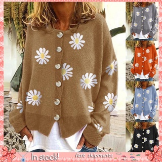 BMY_Women Long Sleeve Marguerite Print Sweater Cardigan Autumn Knitted Jacket Coat