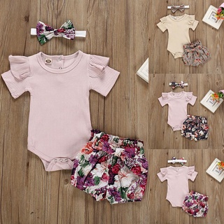 [EFE] conjunto de ropa de mameluco para bebés y niñas recién nacidos+conjunto de pantalones cortos con estampado de flores (1)