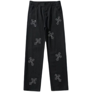 【AQB】Pantalones vaqueros lavados con diamantes de imitación Hombre Hip Hop Pantalones rectos anchos (7)