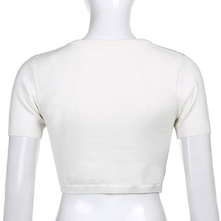 Crop Tops Knitted Cardigan Shirt Women Style Short Sleeve Plaid T Shirt Ladies Knitwear White L (9)