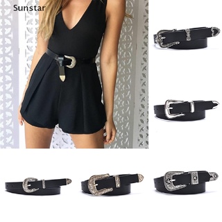 [Sunstar] Cinturón de cuero negro de las mujeres de Metal corazón hebilla cinturón Vintage tallado niñas cinturón (7)