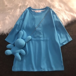 Camiseta azul media manga conejo media manga corta suelta