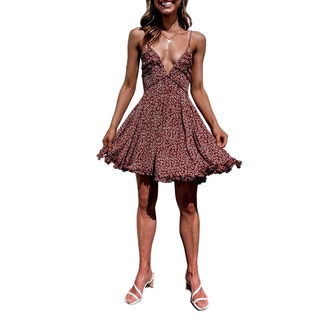 ✰Ql✲Mujer Sexy vestido de liguero moda Floral V-cuello sin espalda cintura alta una línea vestido corto