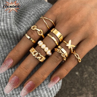 FLEXIAN 10Pcs/set Party Rings Set Gift Wide Chain Finger Rings Female Jewelry Gold Punk Irregular Women Girls Vintage Pearl