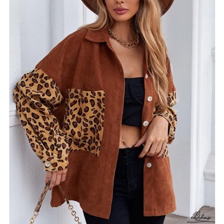 Ld-chaqueta de otoño para mujer, estampado de leopardo, cuello redondo, manga larga, abrigo corto de un solo pecho para niñas, marrón