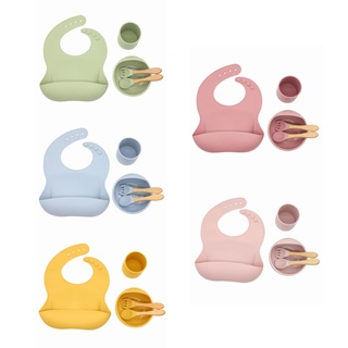 R-R 5 piezas de silicona para bebé babero taza de succión cuchara tenedor conjunto de entrenamiento de alimentación de alimentos plato plato utensilios de vajilla Kit de vajilla para bebés recién nacidos (1)