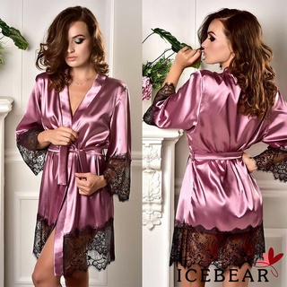 Ice-mujer Casual pijamas corto vestido de dormir de Color sólido encaje vendaje de media manga camisón (1)