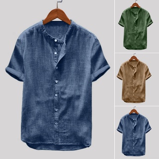 manga corta camisa de playa cuello de pie de los hombres de color sólido slim fit casual camisa streetwear (1)