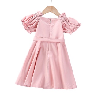 ✭Qc✨Niña dulce Puff manga media longitud vestido de moda Color sólido plisado barco cuello vendaje princesa vestido
