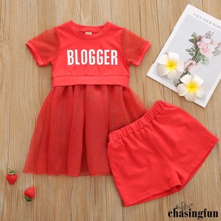 Chf-Baby camiseta vestido + pantalones cortos, letra brillante impresión con costuras de malla, estilo dulce ropa de verano