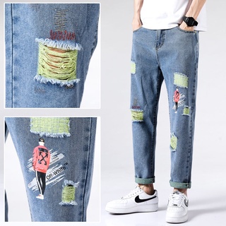 Productos en stock!! en segundo lugar muy recomendado primavera y verano nuevo agujero jeans hombres casual coreano moda suelta recta capris color claro jeans agujero pantalones vaqueros de gran tamaño