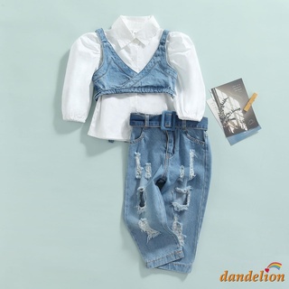 Dandelion-Conjunto De ropa casual Para bebés/niñas/camiseta De Manga larga/cuello V/chaleco y pantalones vaqueros con agujeros rotos